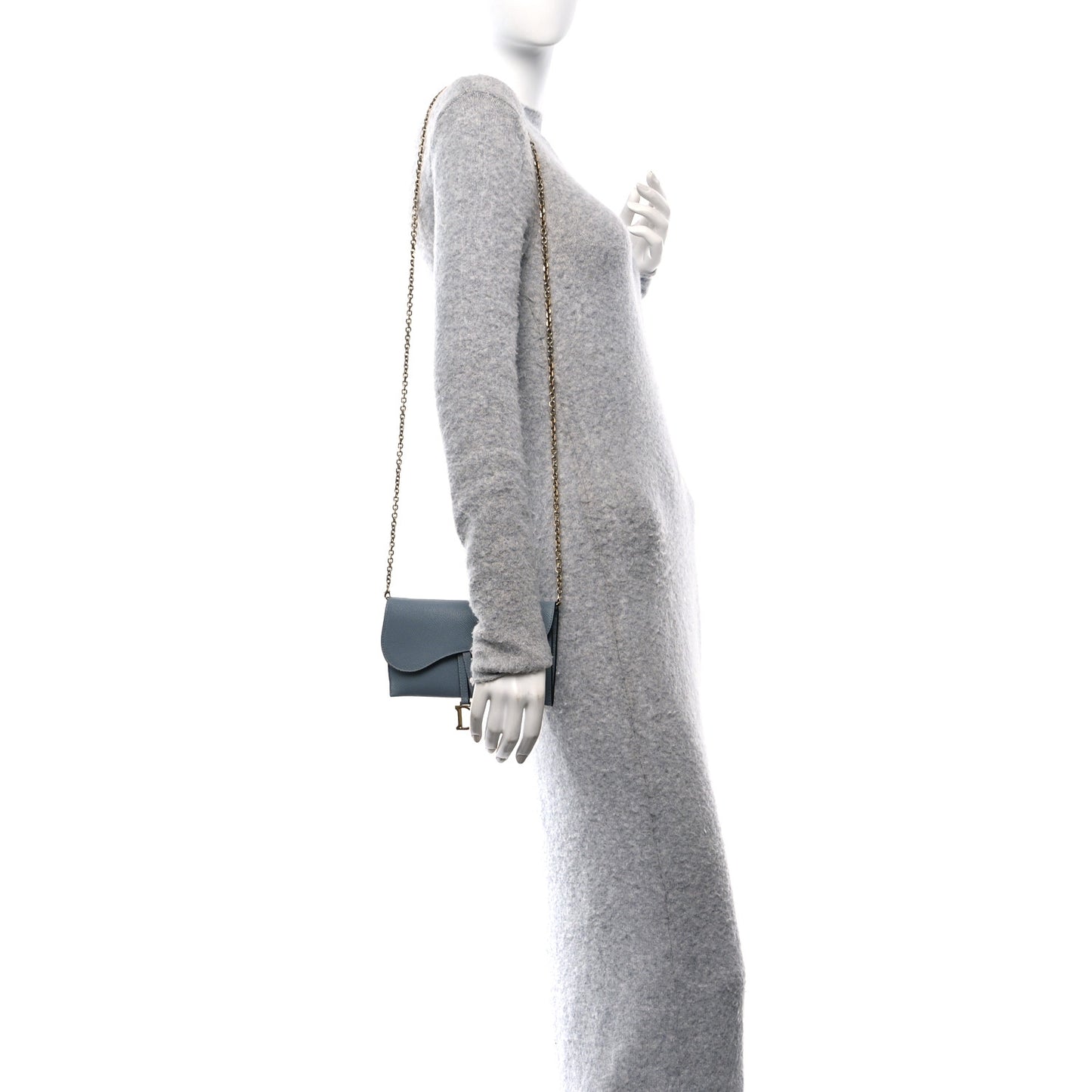 Grained Calfskin Saddle Chain Wallet Pouch Grey Stone