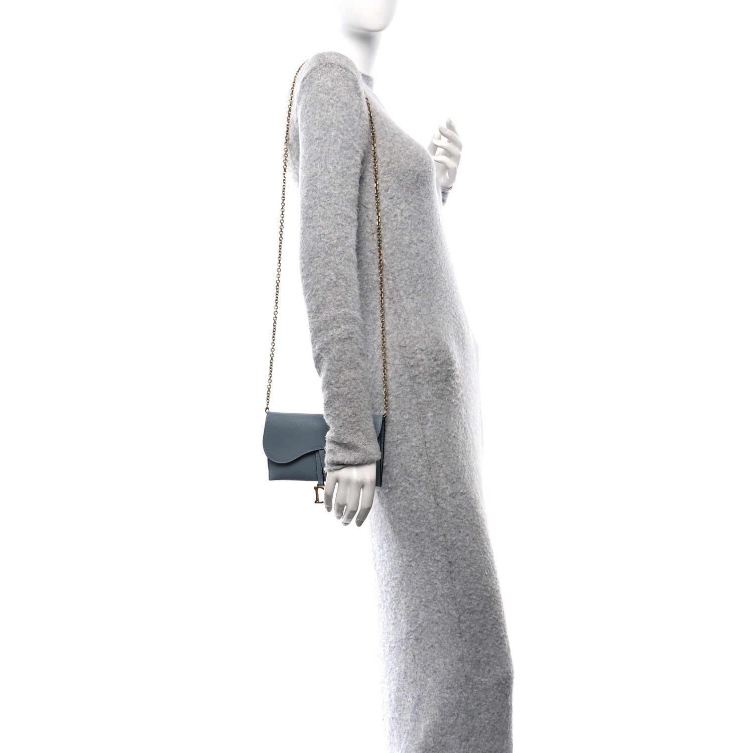 Christian Dior Grained Calfskin Saddle Chain Wallet Pouch Grey Stone 2 of 12