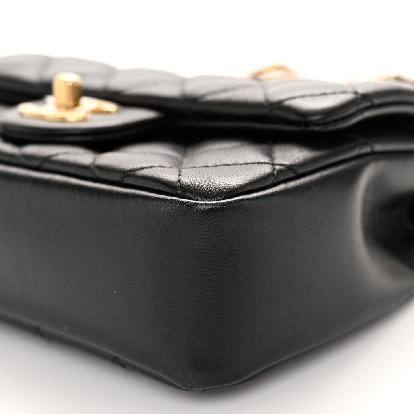 Shiny Lambskin Quilted Pearl Twist Mini Square Flap Black