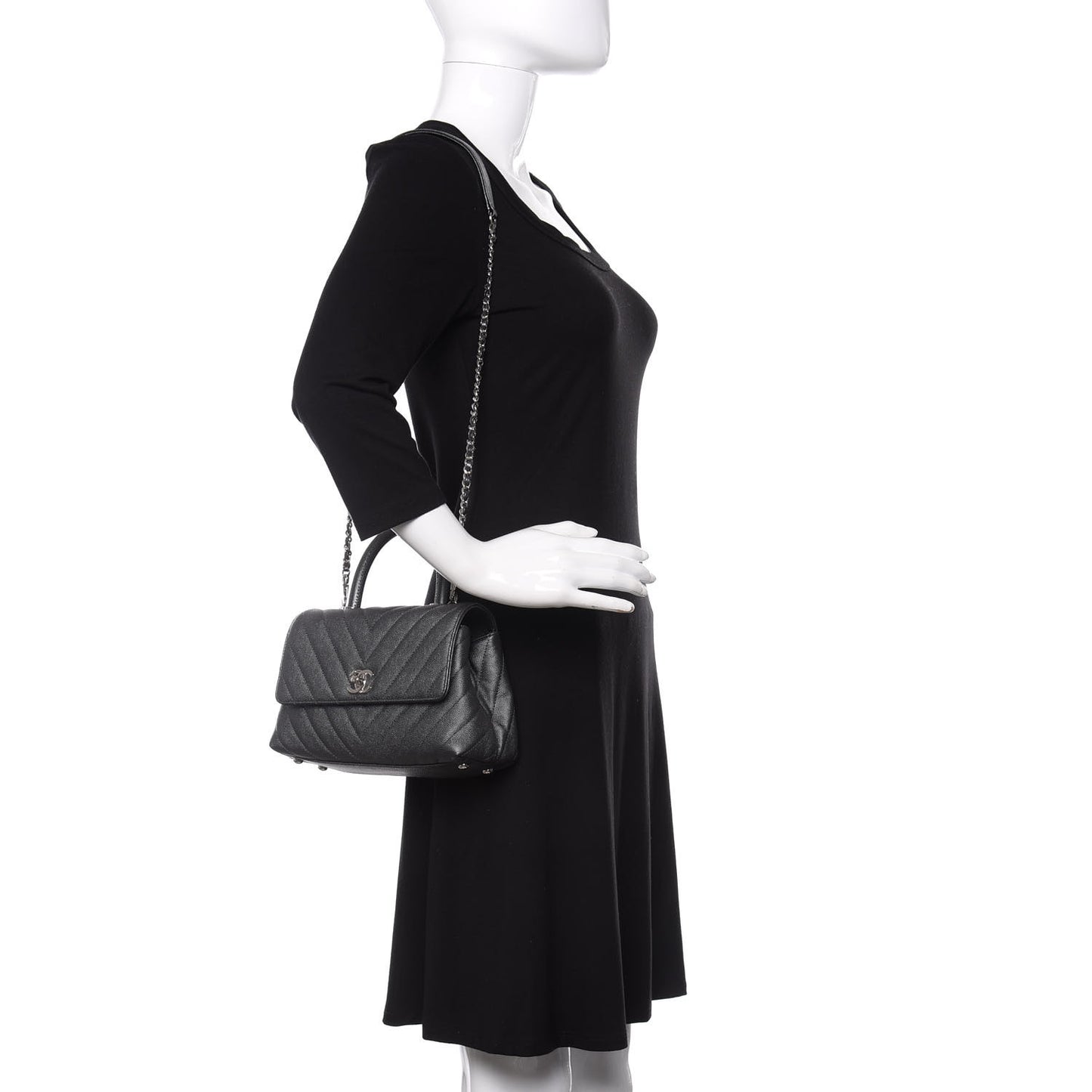 Caviar Chevron Quilted Mini Coco Handle Flap Dark Grey