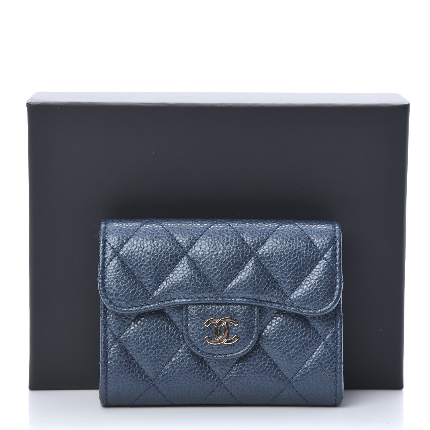 Chanel Metallic Caviar Quilted Flap Card Holder Wallet Dark Blue 9 of 9
