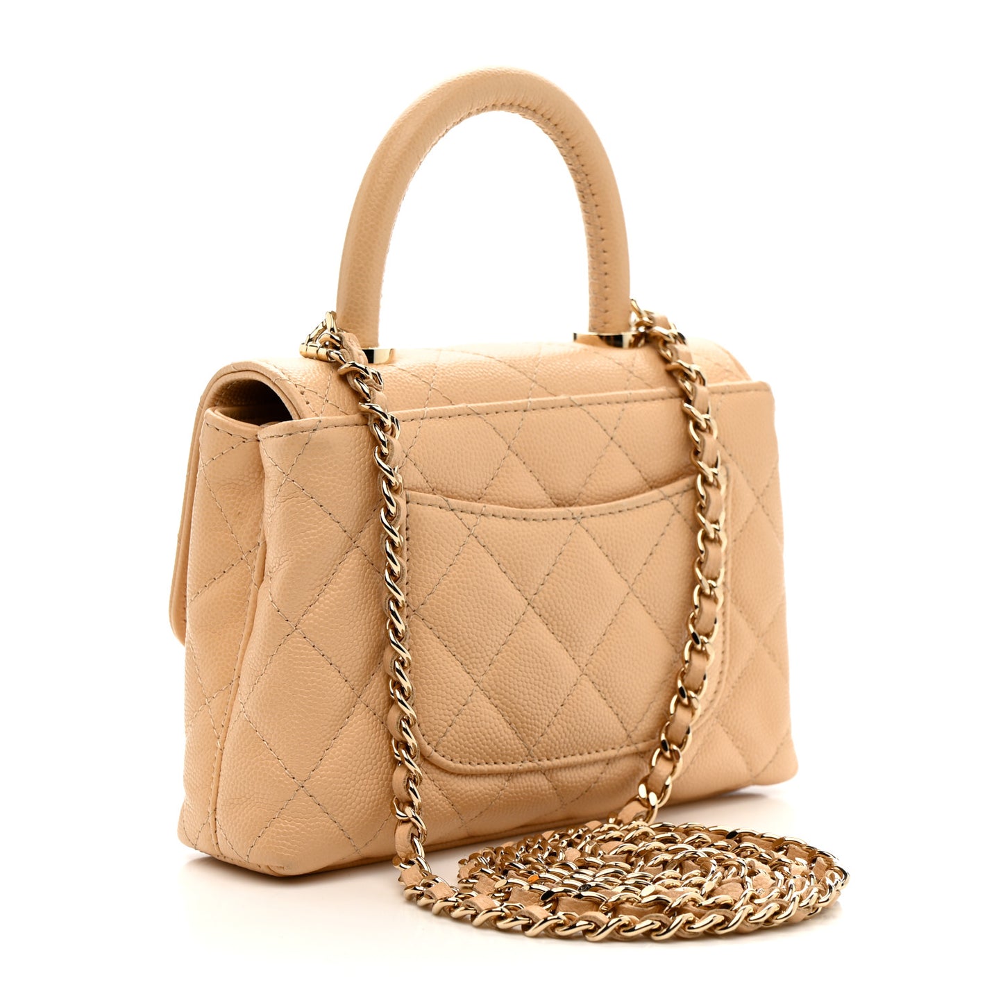 Caviar Quilted Coco Handle Clutch With Chain Beige