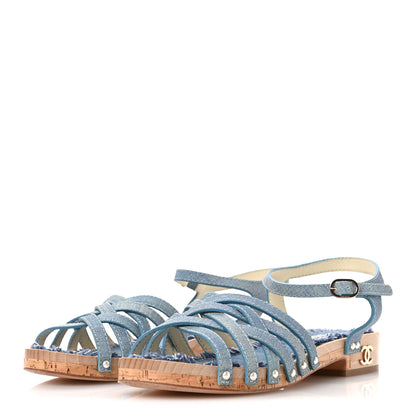 Chanel Denim Cork Pearl Sandals 39 Blue 4 of 9