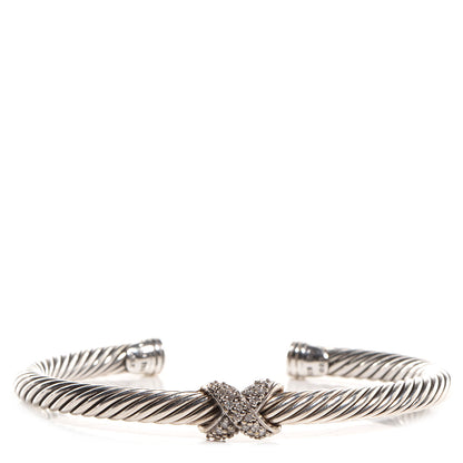 David Yurman Sterling Silver 18K White Gold Diamond Pave 5mm X Cable Bracelet 1 of 12