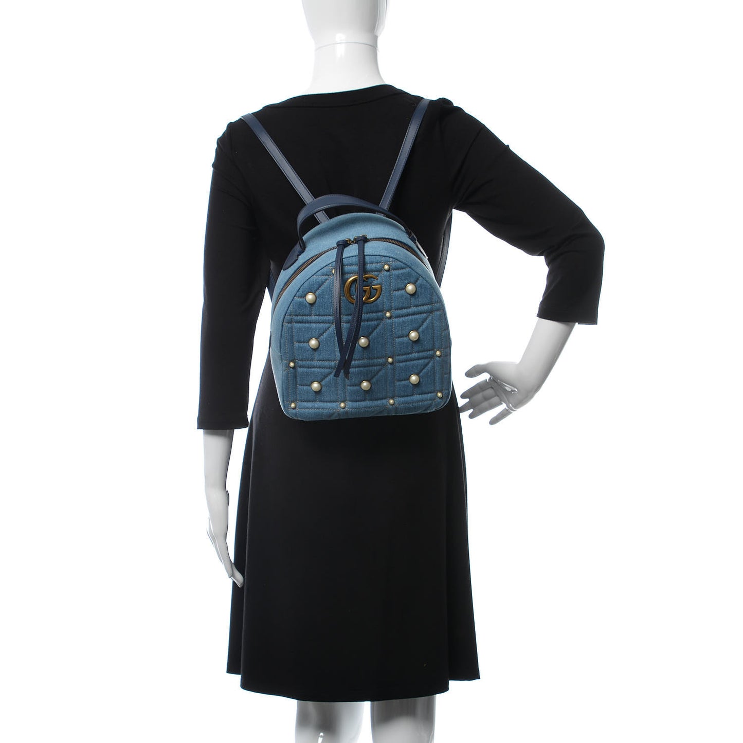 Kura Denim Matelasse Cubic Pearl Studded GG Marmont Dome Backpack Blue