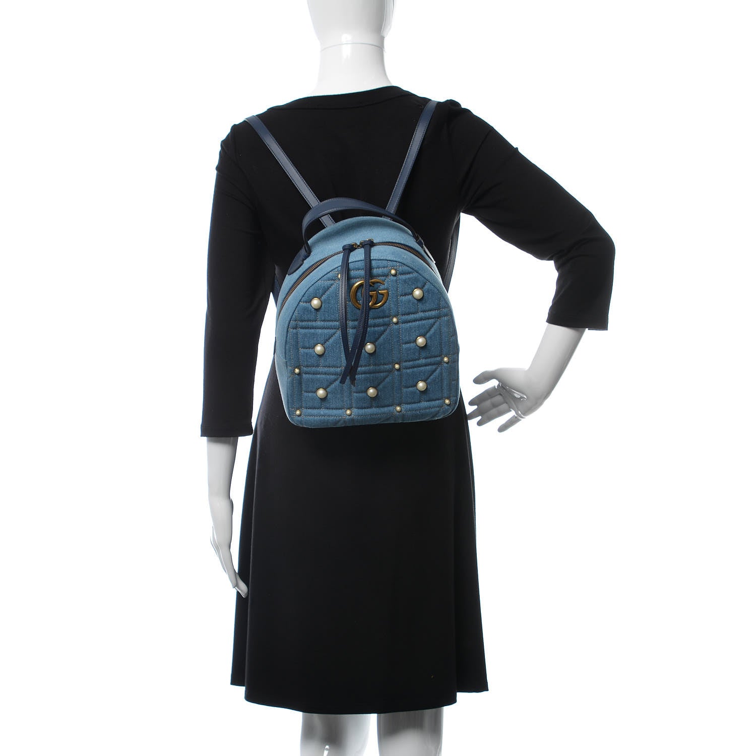 Gucci Kura Denim Matelasse Cubic Pearl Studded GG Marmont Dome Backpack Blue 2 of 10