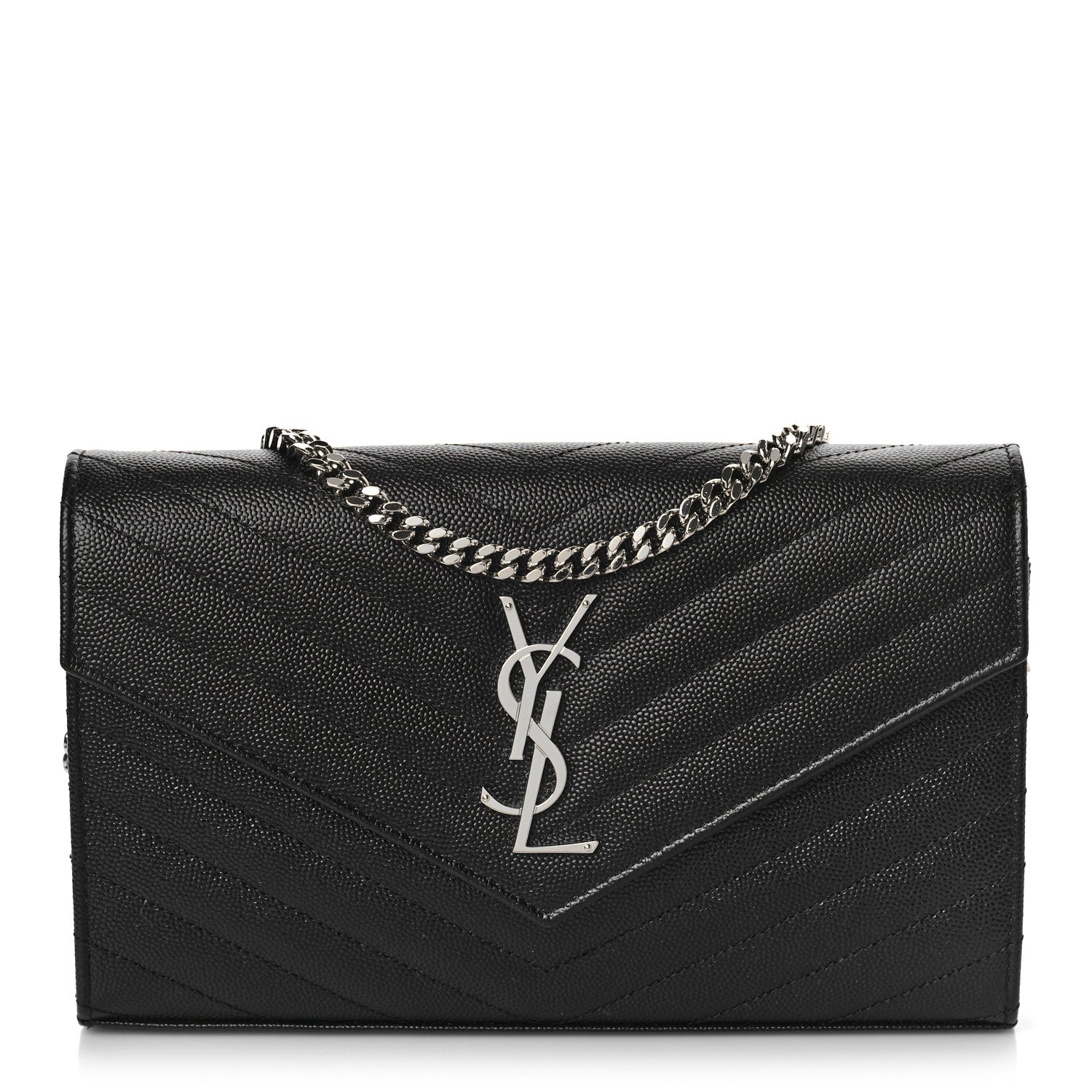 Saint Laurent Grain De Poudre Matelasse Chevron Monogram Chain Wallet Black 1 of 9