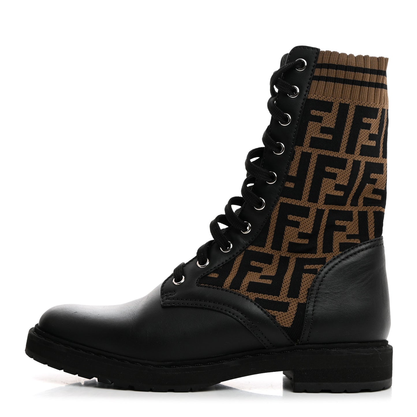 Calfskin Stretch Fabric FF Rockoko Biker Boots 38.5 Black Tobacco