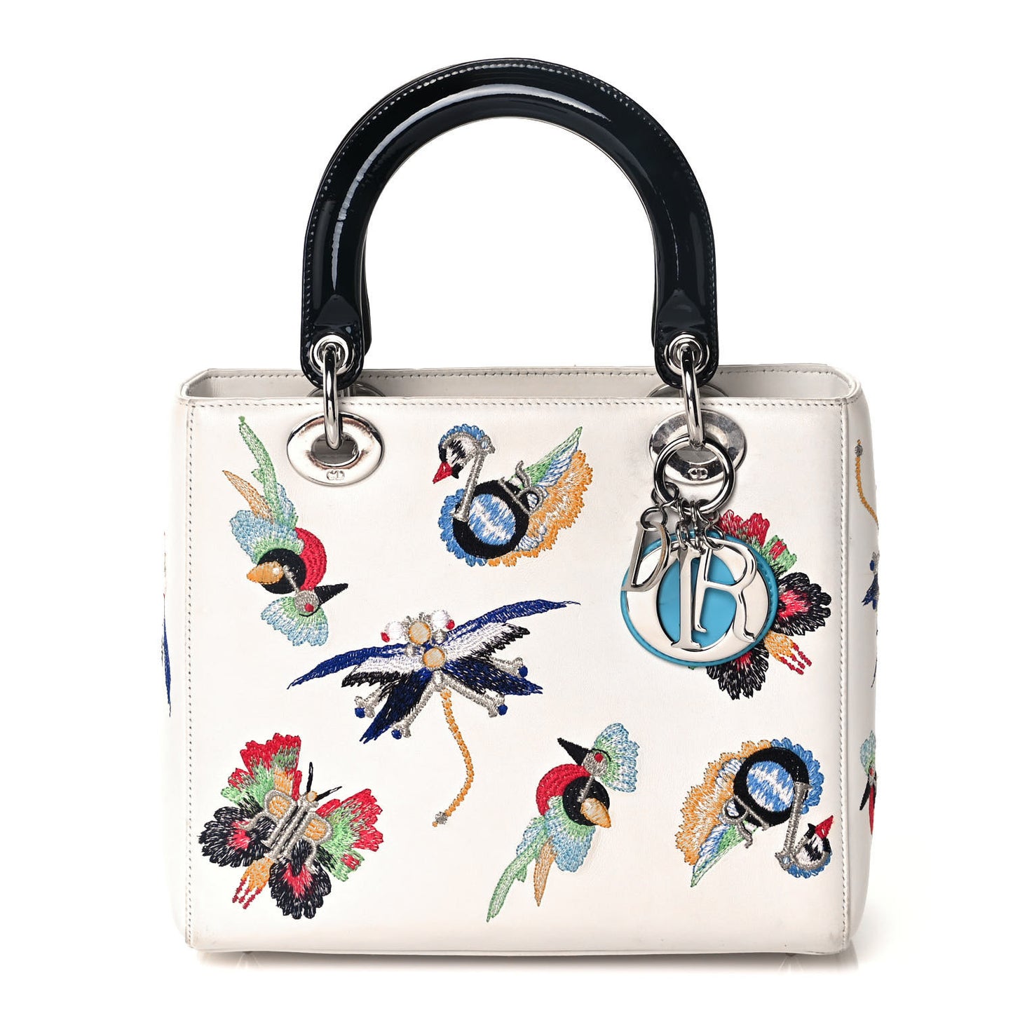 Smooth Calfskin Embroidered Medium Lady Dior White Multicolor
