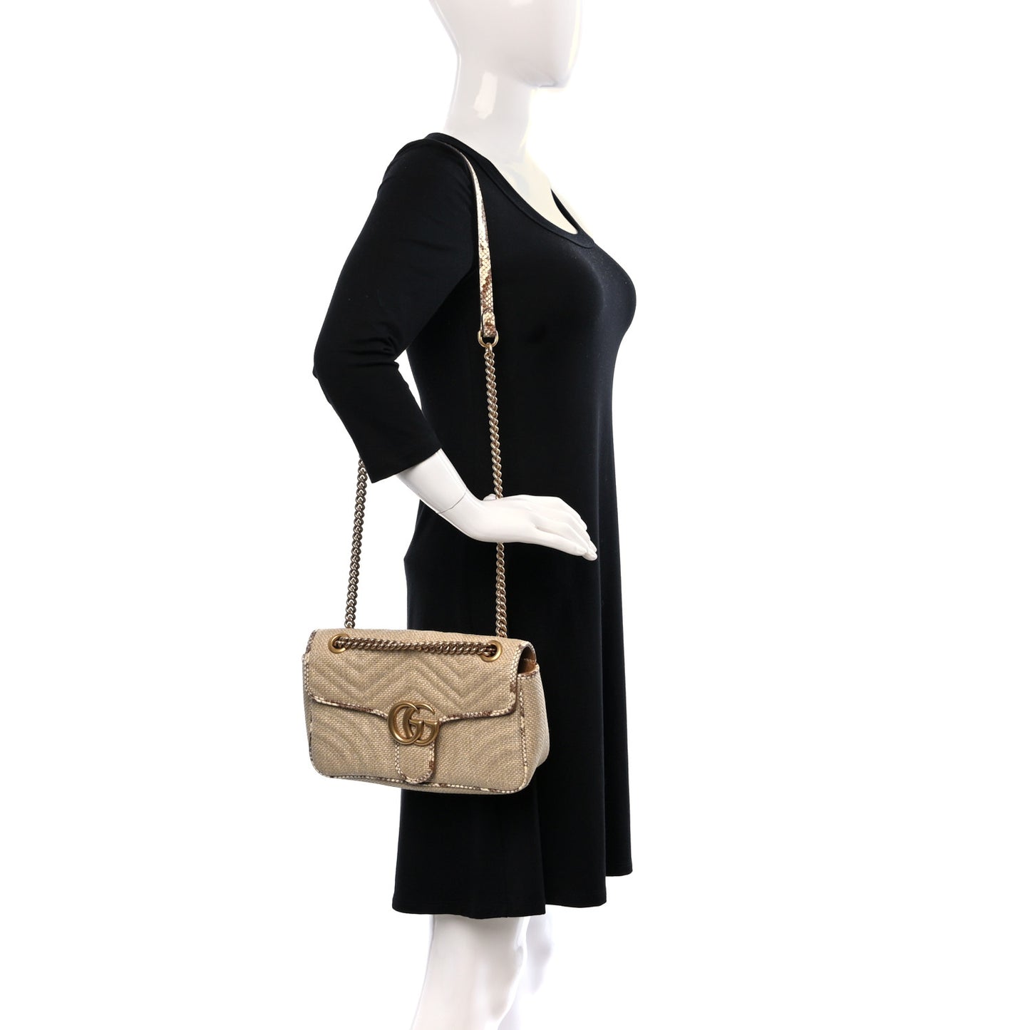 Raffia Elaphe Matelasse Small GG Marmont Shoulder Bag Natural Cream Brown