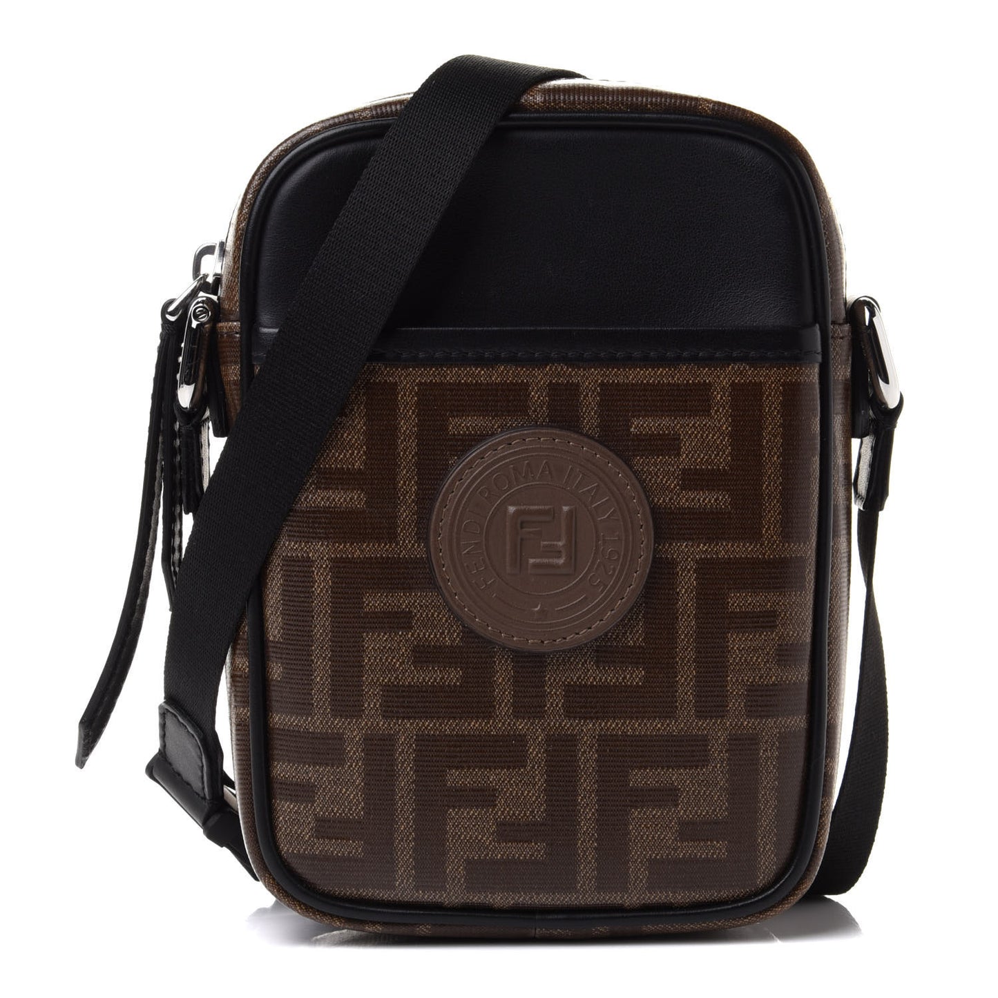 Glazed Fabric Vitello Century FF 1974 Stamp Patch Small Crossbody Messenger Mogano Panna Black