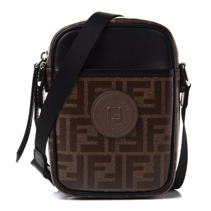 Fendi Glazed Fabric Vitello Century FF 1974 Stamp Patch Small Crossbody Messenger Mogano Panna Black 1 of 11