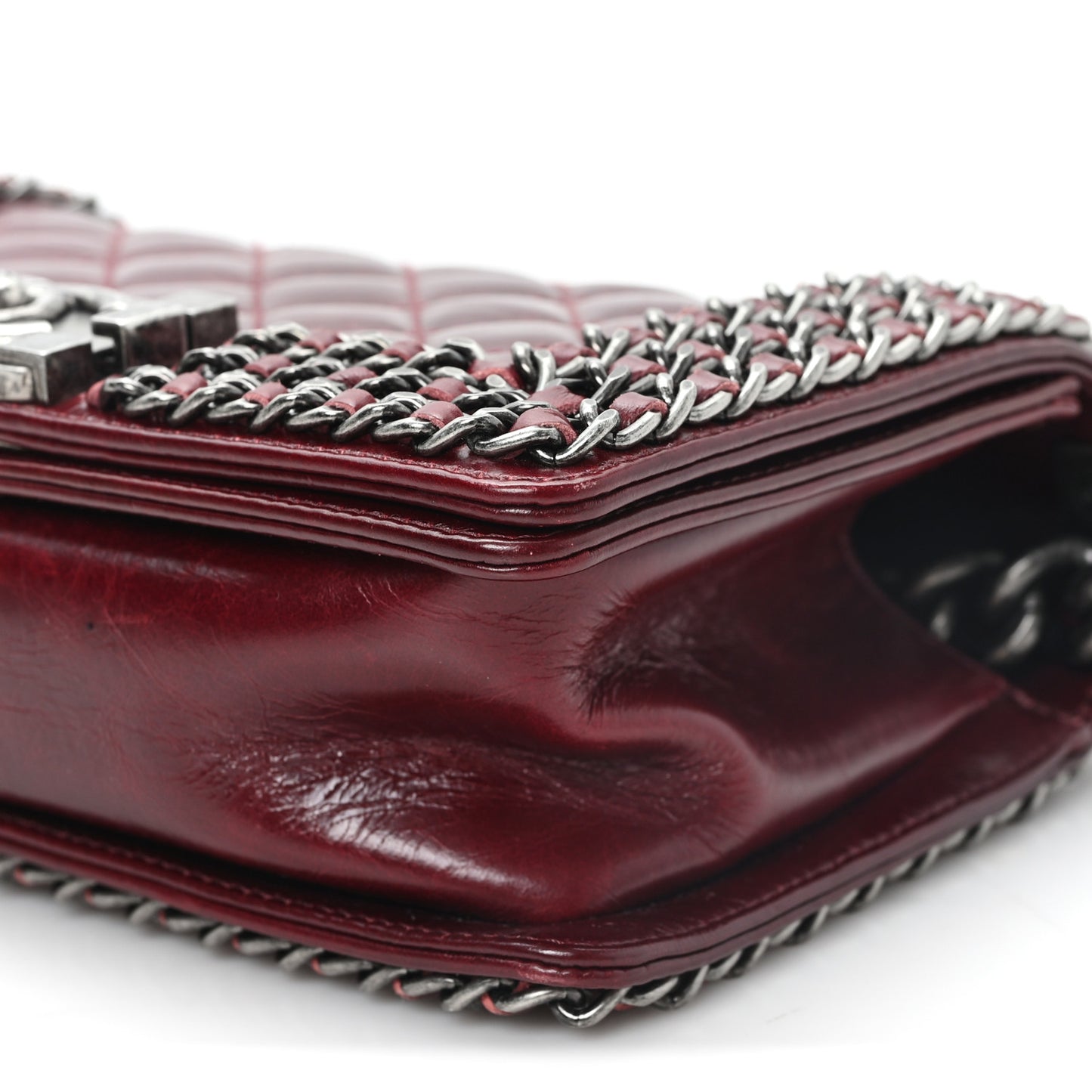 Glazed Calfskin Quilted Small Boy Chained Flap Burgundy