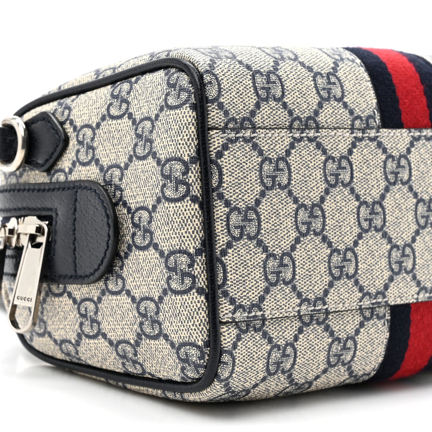 GG Supreme Monogram Textured Dollar Calfskin Web Mini Ophidia Top Handle Bag Beige Blue