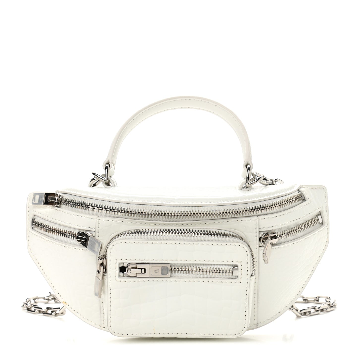 Crocodile Embossed Patent Mini Top Handle Attica Belt Bag White