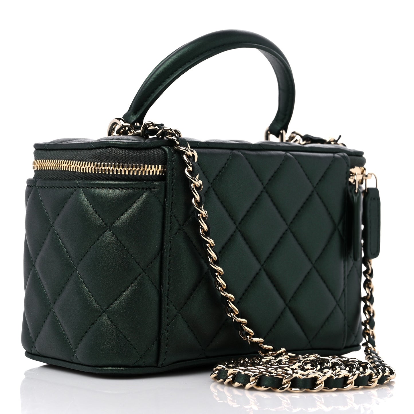 Iridescent Lambskin Quilted Small Top Handle Vanity Case With Chain Dark Green