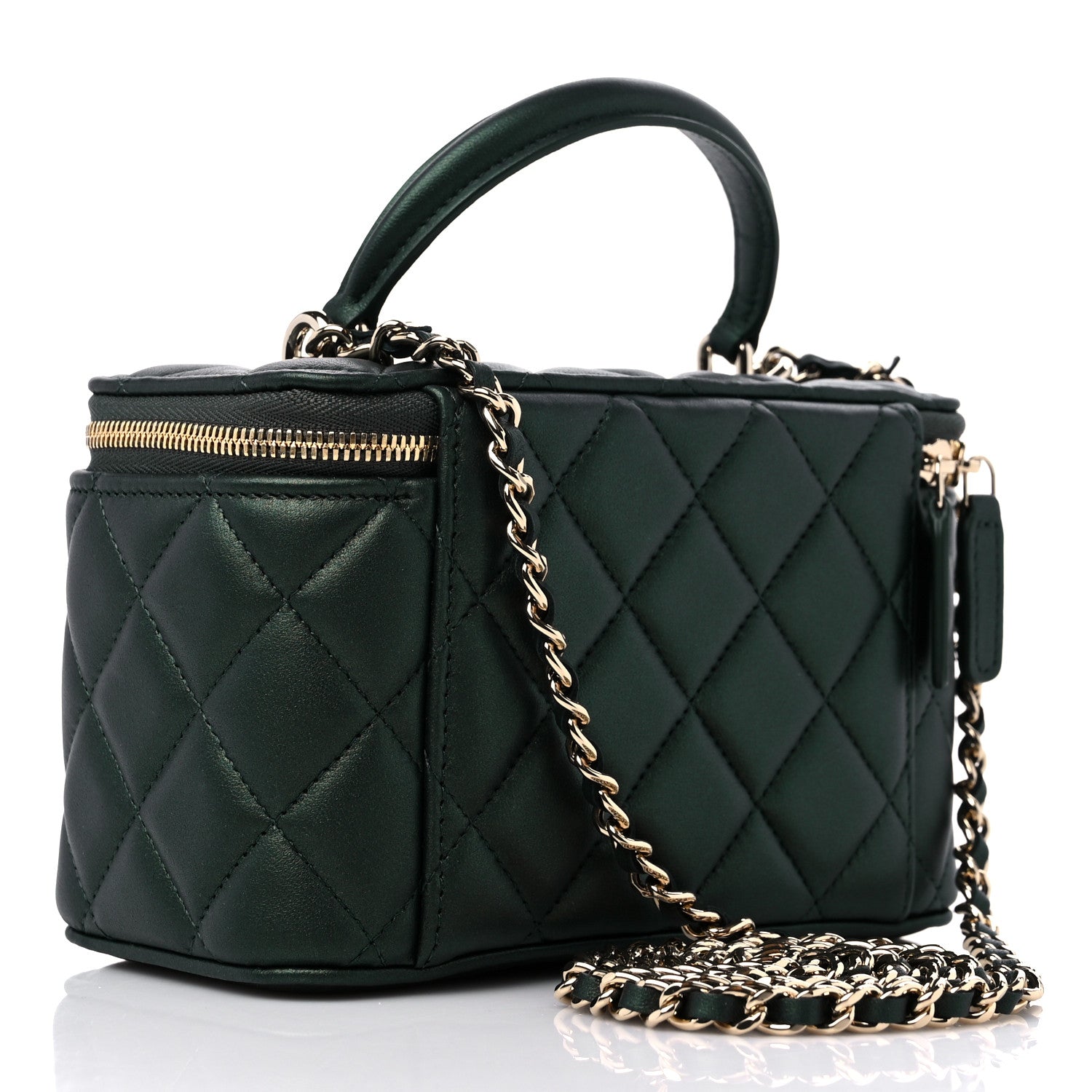 Chanel Iridescent Lambskin Quilted Small Top Handle Vanity Case With Chain Dark Green 3 of 10