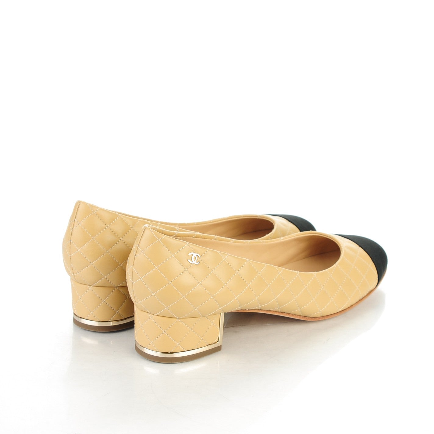Chanel Lambskin Grosgrain Quilted CC Cap Toe Low Heel Pumps 41 Beige Black 4 of 9