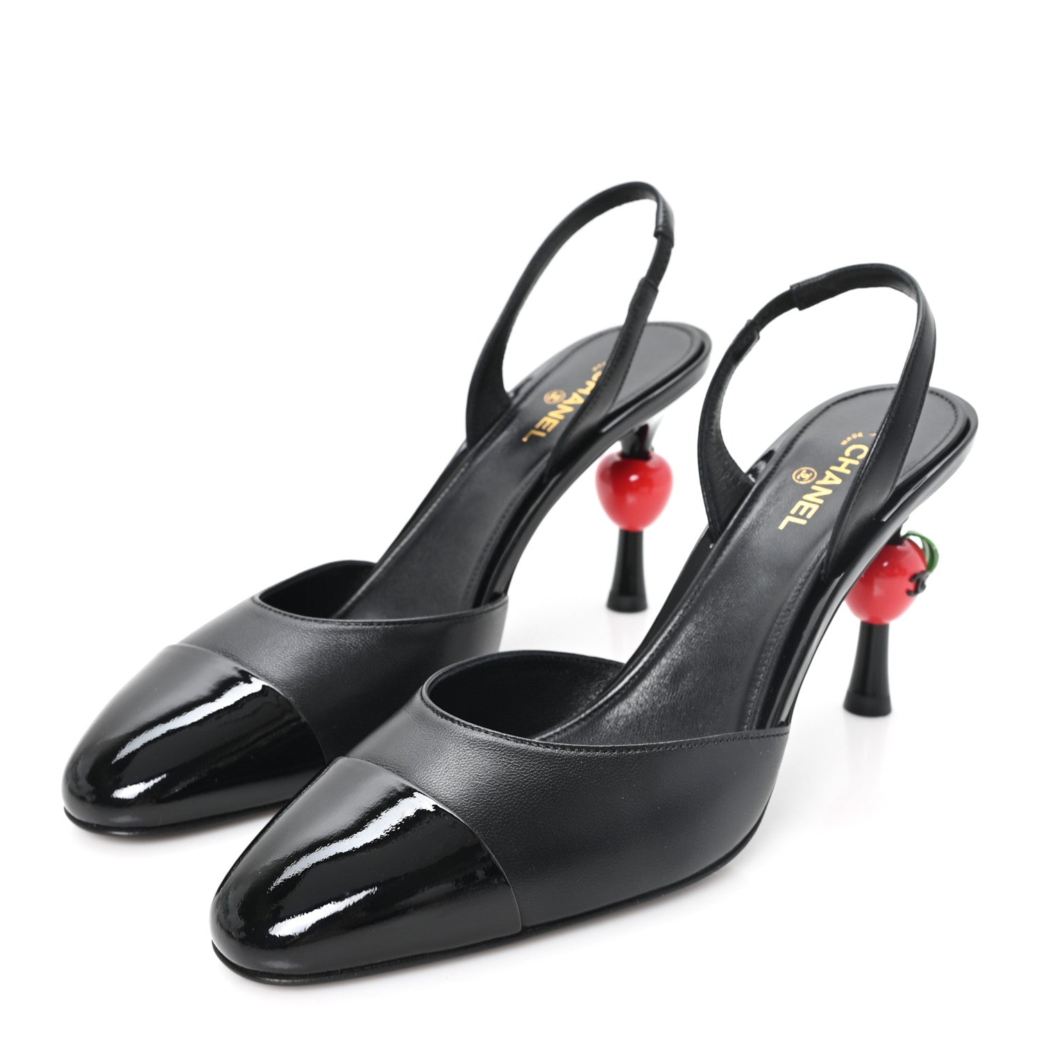 Chanel Lambskin Patent Cap Toe CC Apple Slingback Pumps 40 Black 4 of 10