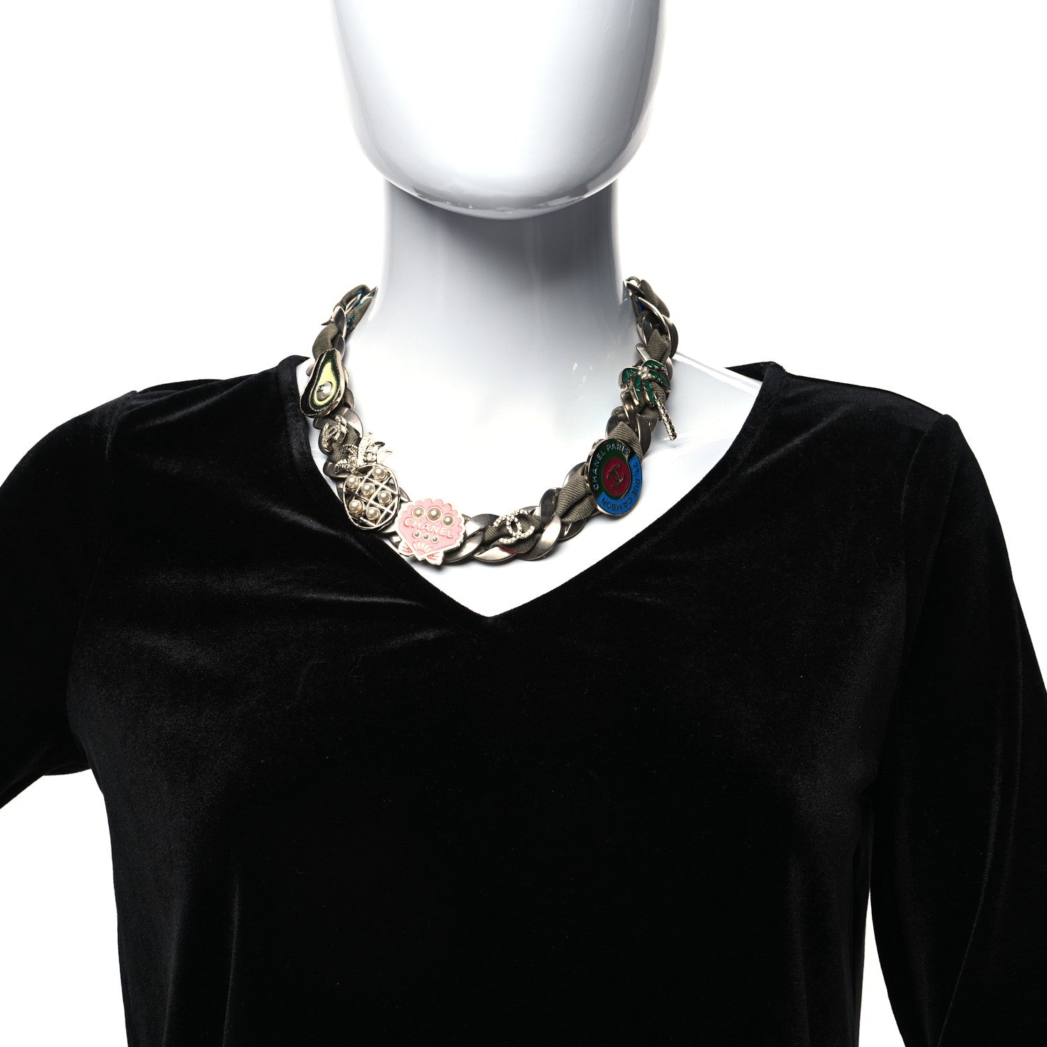 Chanel Metal Fabric Strass Pearl Cuba CC Chain Link Choker Necklace Green Pink Silver Gold 2 of 5