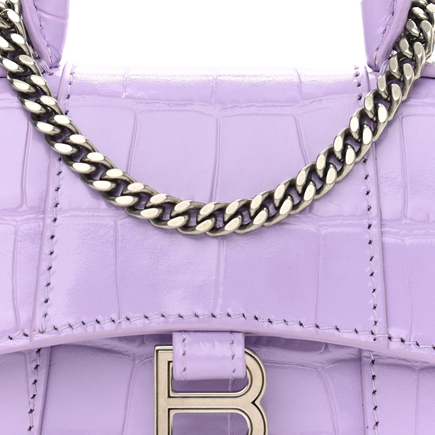 Balenciaga Shiny Calfskin Crocodile Embossed Hourglass Top Handle Bag Mini with Chain Lilac 8 of 10