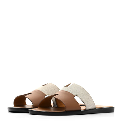 Hermes Canvas Calfskin Mens Izmir Sandals 40 Naturel Safari Prunoir 3 of 8