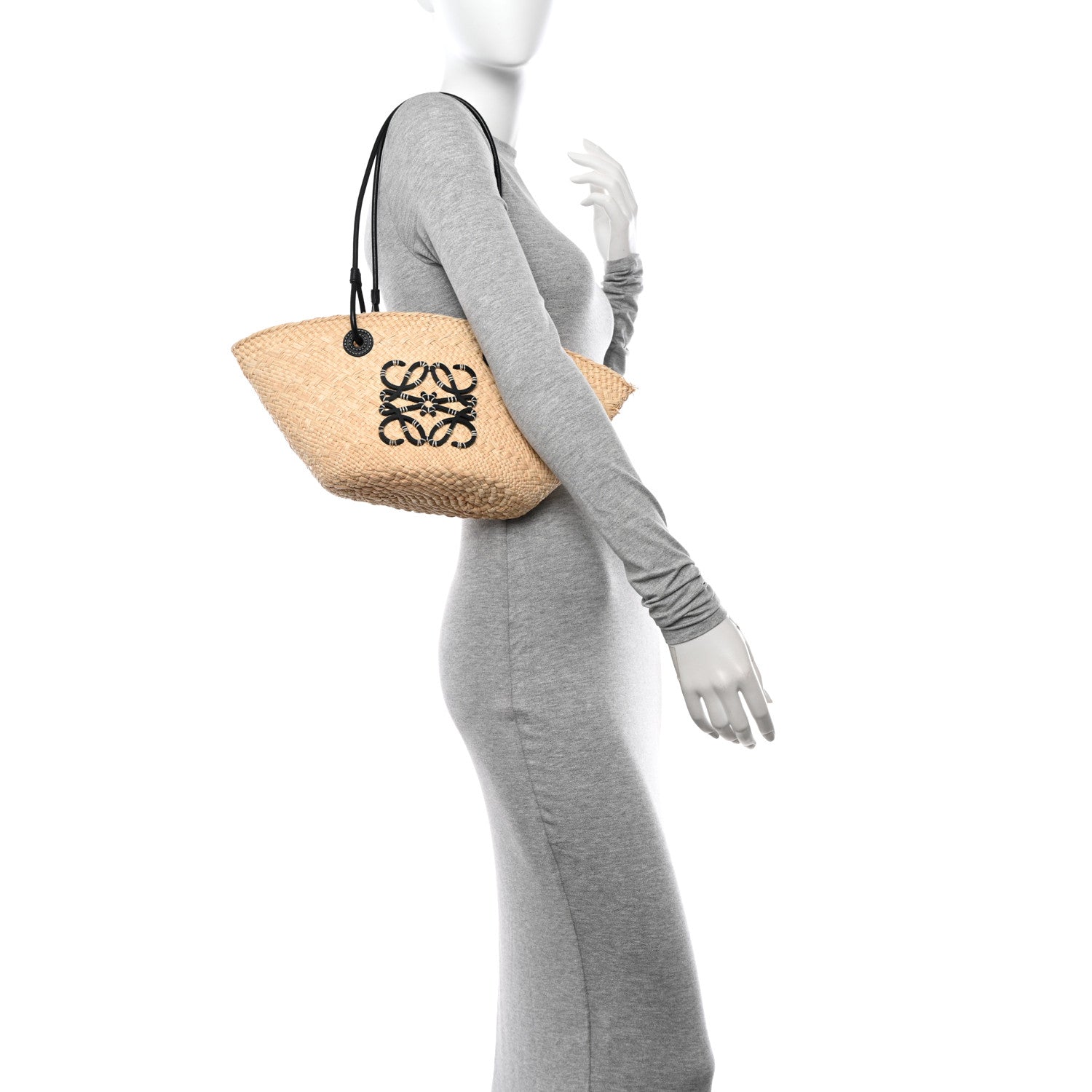 Loewe Calfskin Raffia Paulas Ibiza Small Anagram Basket Tote Bag Natural Black 3 of 11
