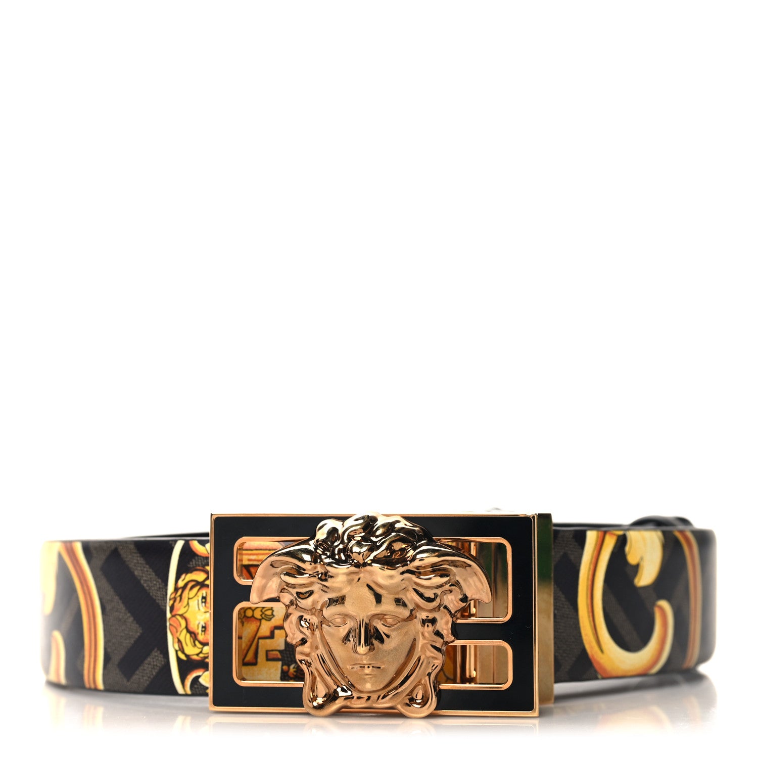 Fendi X VERSACE Vitello Seta Nappa Fendace FF Baroque Belt 85/34 Tobacco Black Gold 1 of 5