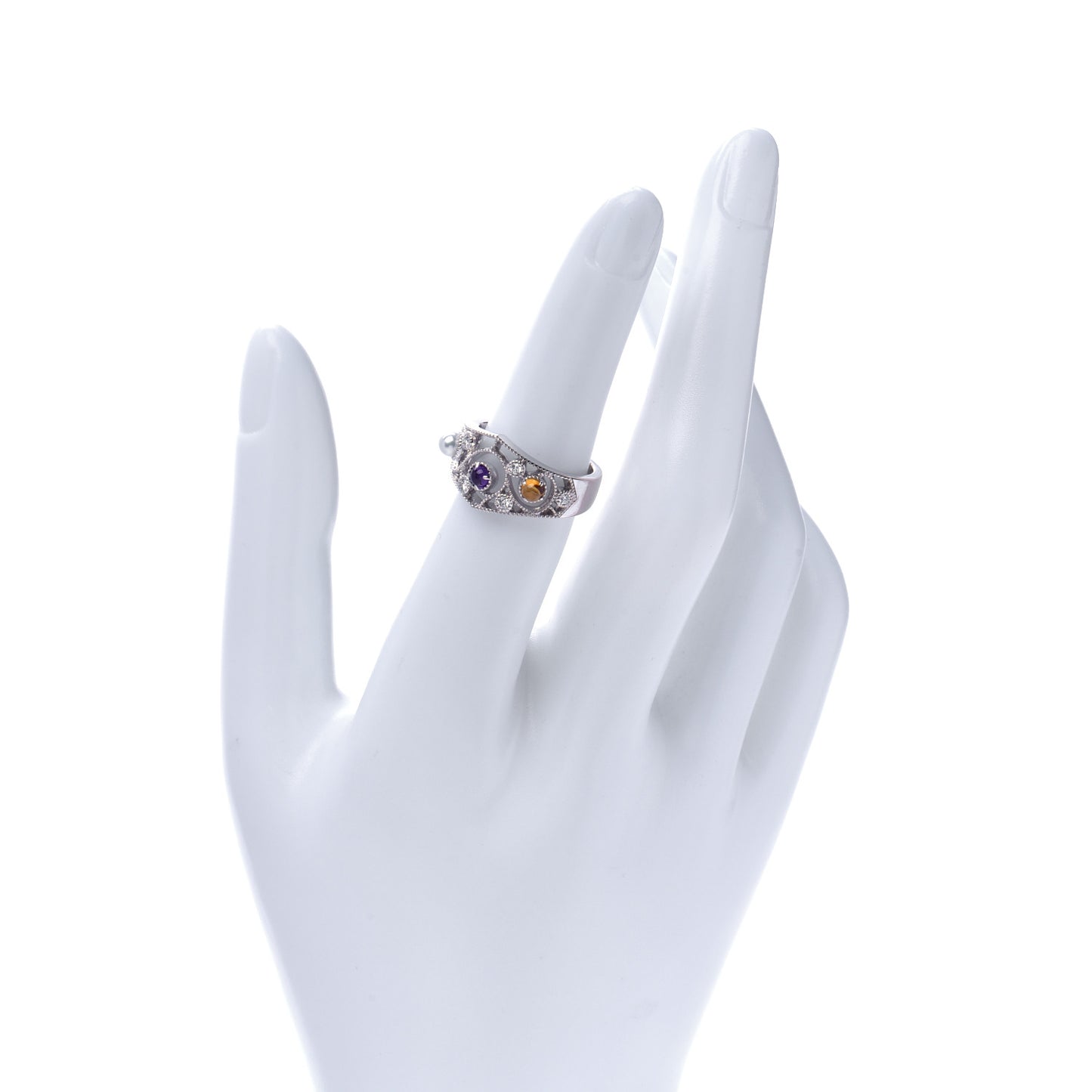 18K White Gold Akoya Pearl Diamond Amethyst Citrine Ring 50 5.5