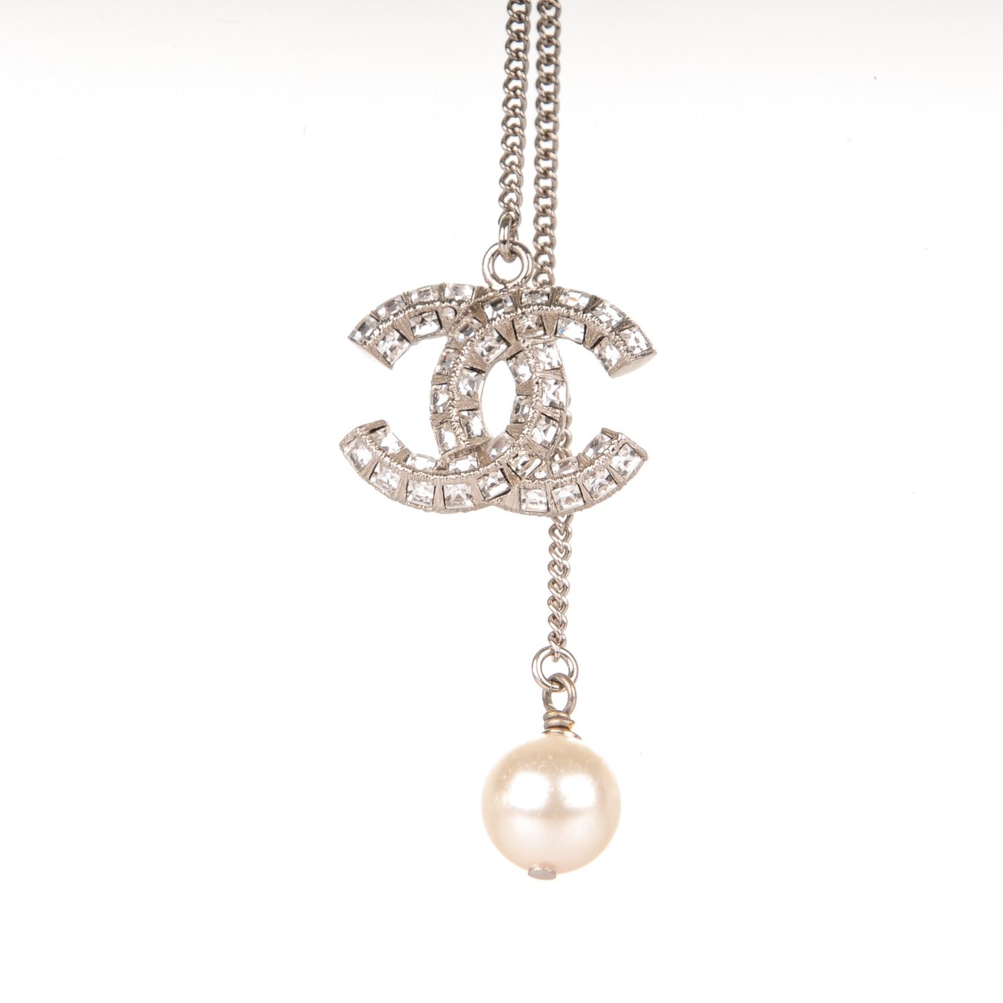 Baguette Crystal Pearl CC Necklace Silver