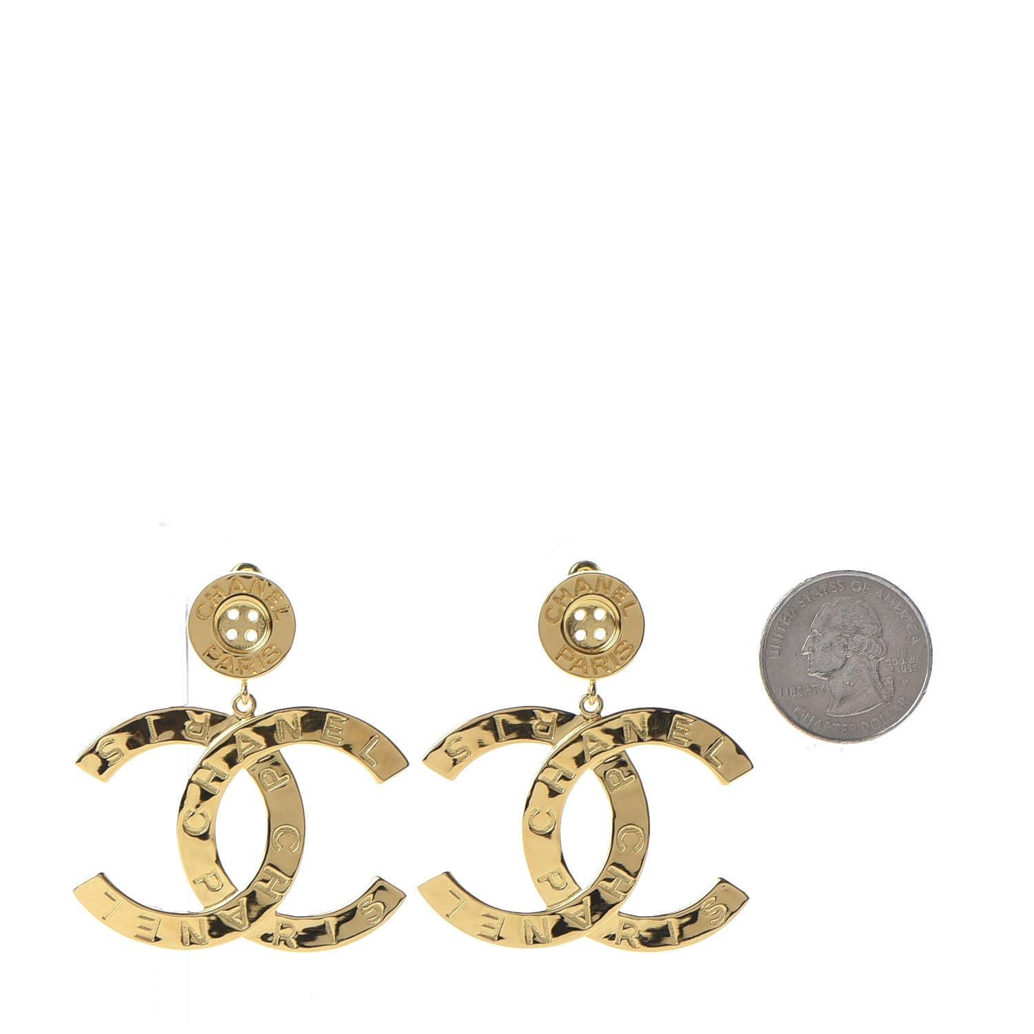 Chanel Metal Large Paris Button Earrings Gold 2 of 5