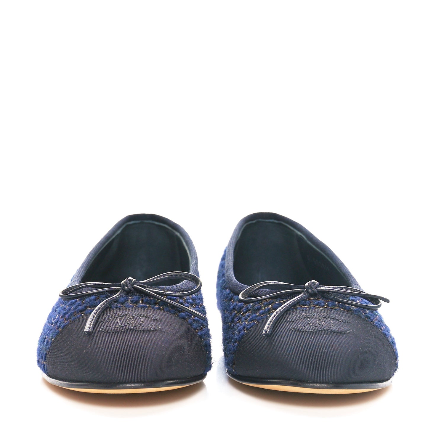 Cotton Tweed Grosgrain Cap Toe Ballerina Flats 37.5 Navy Gold Green