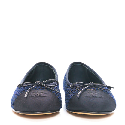 Chanel Cotton Tweed Grosgrain Cap Toe Ballerina Flats 37.5 Navy Gold Green 2 of 7
