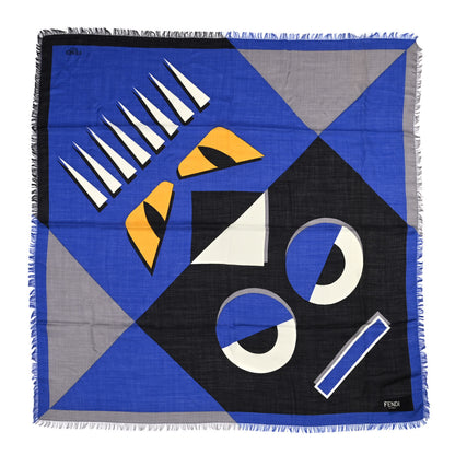 Fendi Silk Wool Fringe Monster Scarf Blue 1 of 5