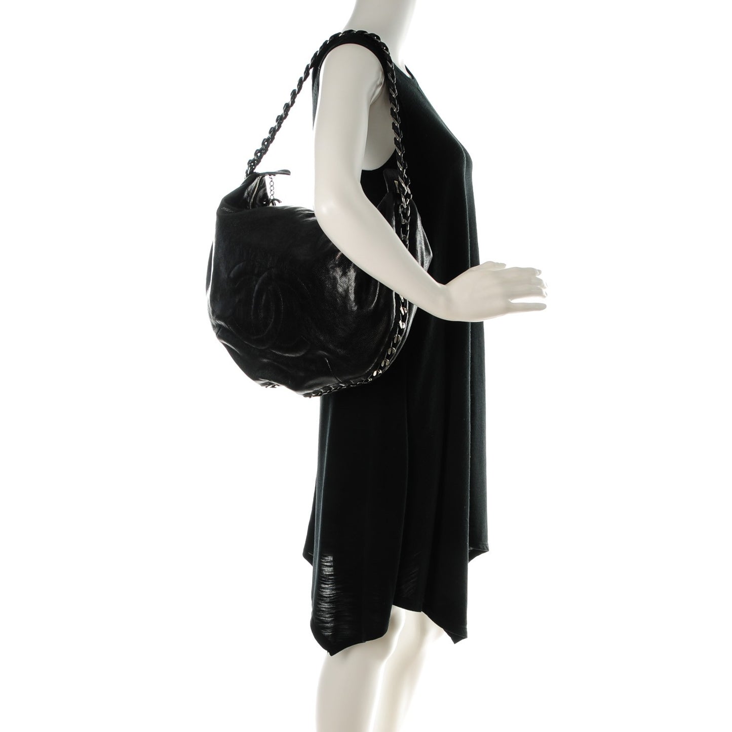 Glazed Caviar Modern Chain Hobo Black