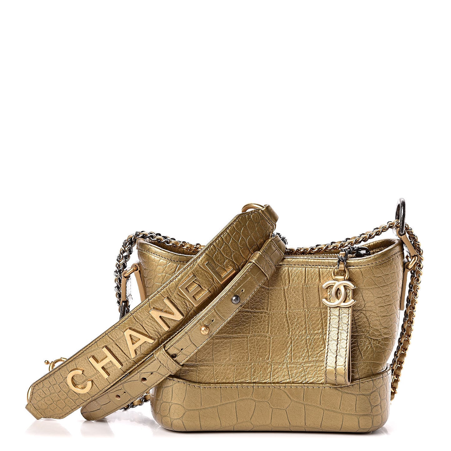 Metallic Calfskin Crocodile Embossed Cocodile Small Gabrielle Hobo Gold