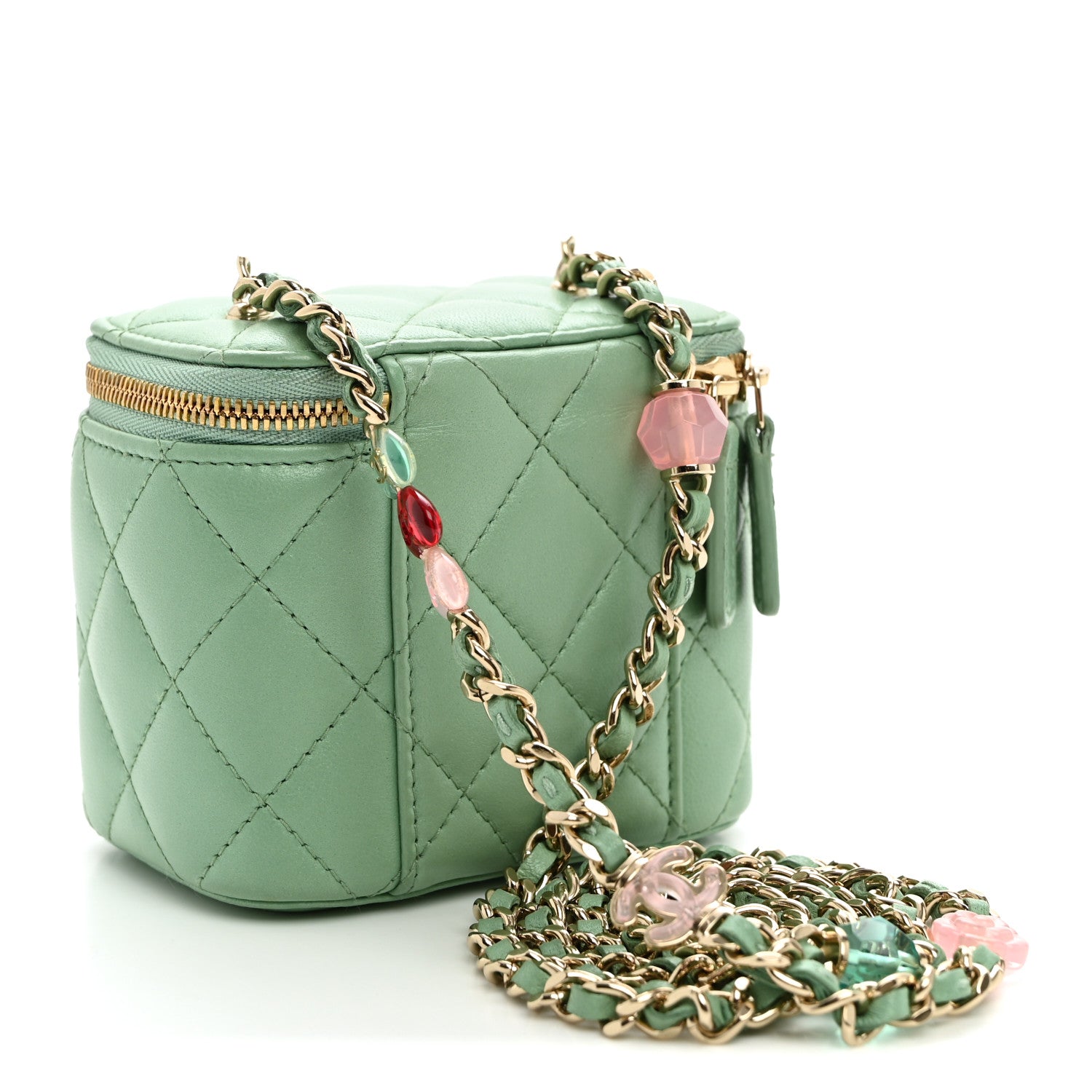 Chanel Lambskin Resin Quilted Mini Heart Mini Vanity Case With Chain Light Green 3 of 10