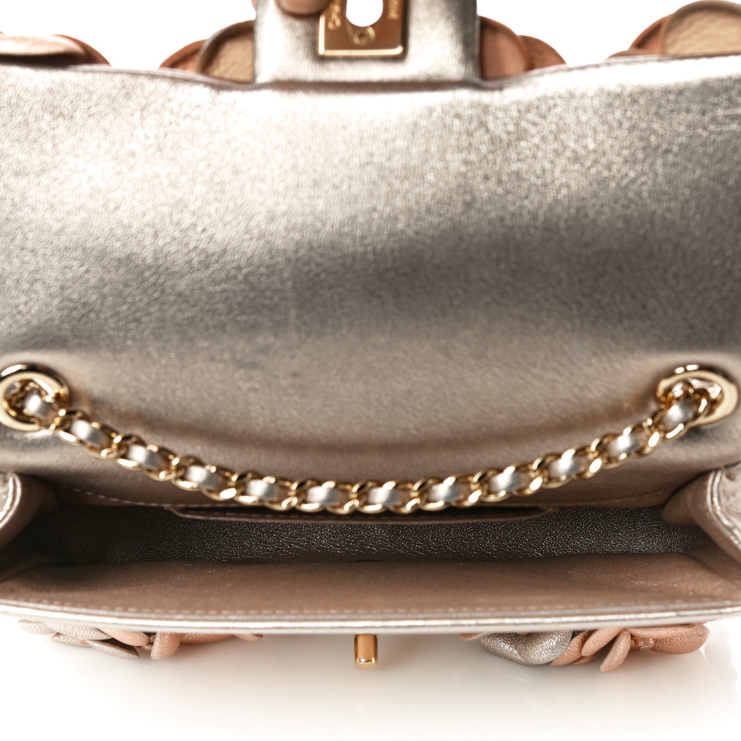 Metallic Lambskin Quilted Mini Camellia Flap Silver Gold