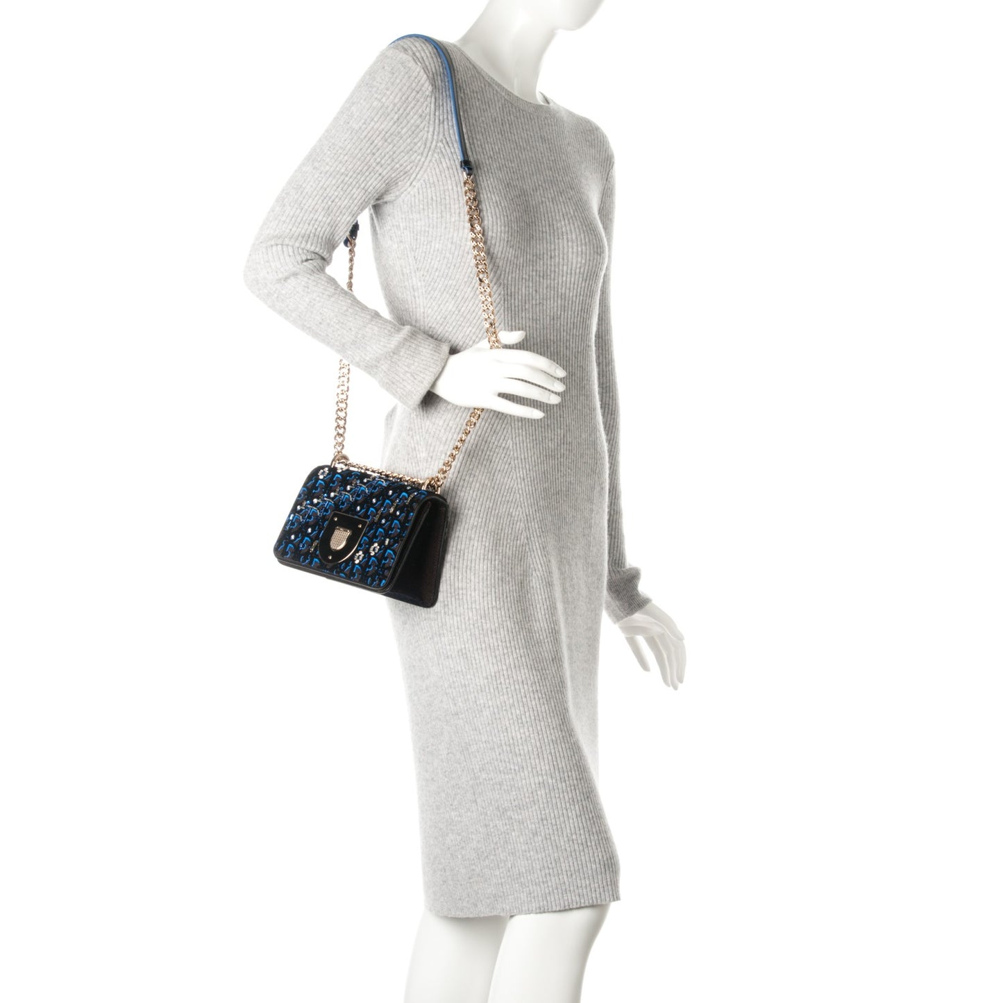 Velvet Crystal Small Diorama Club Flap Bag Navy Blue