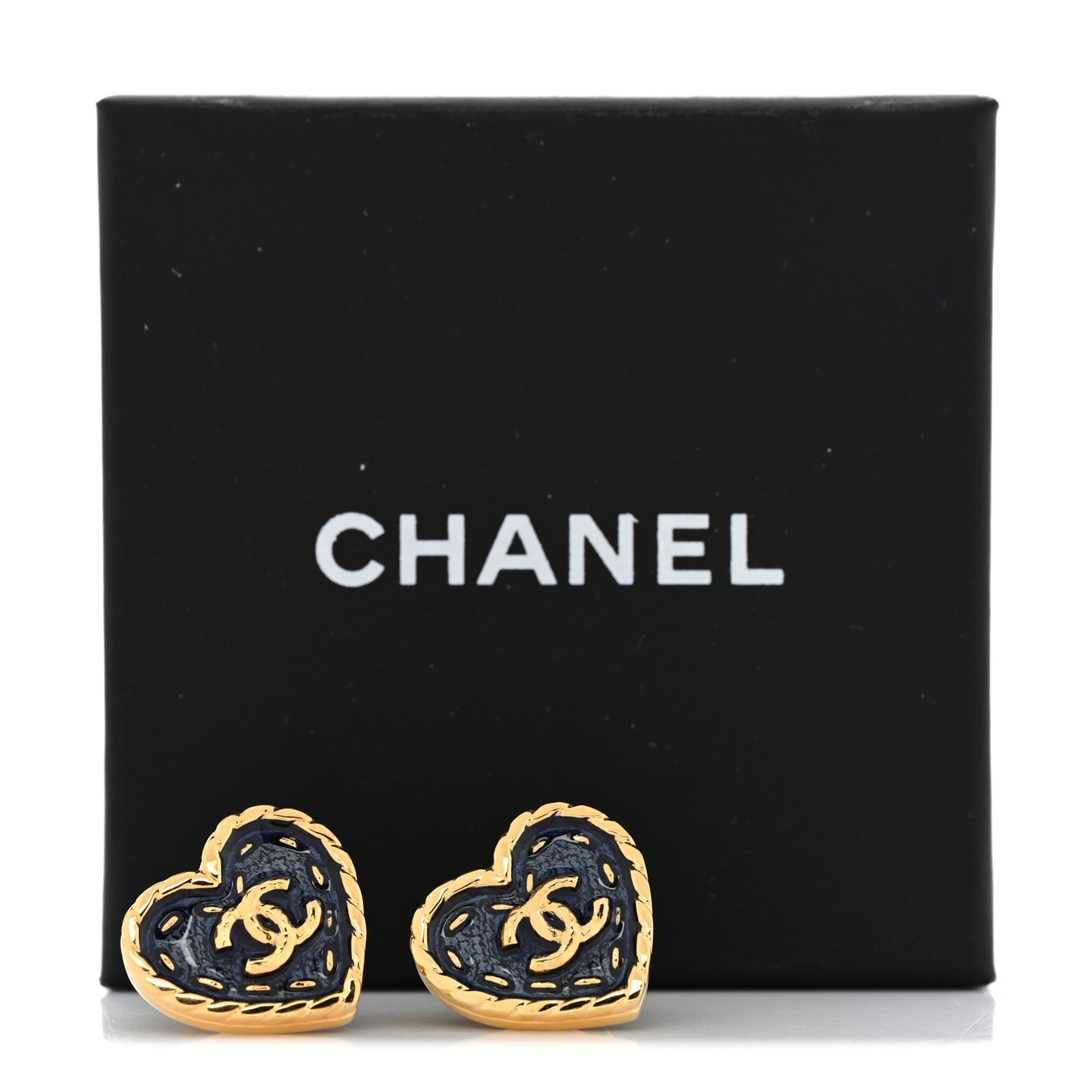 Metal Enamel CC Denim Heart Earrings Gold Blue