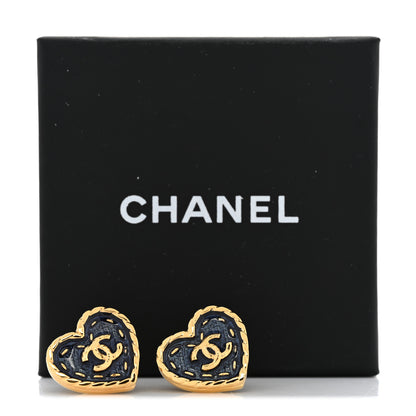 Chanel Metal Enamel CC Denim Heart Earrings Gold Blue 5 of 5