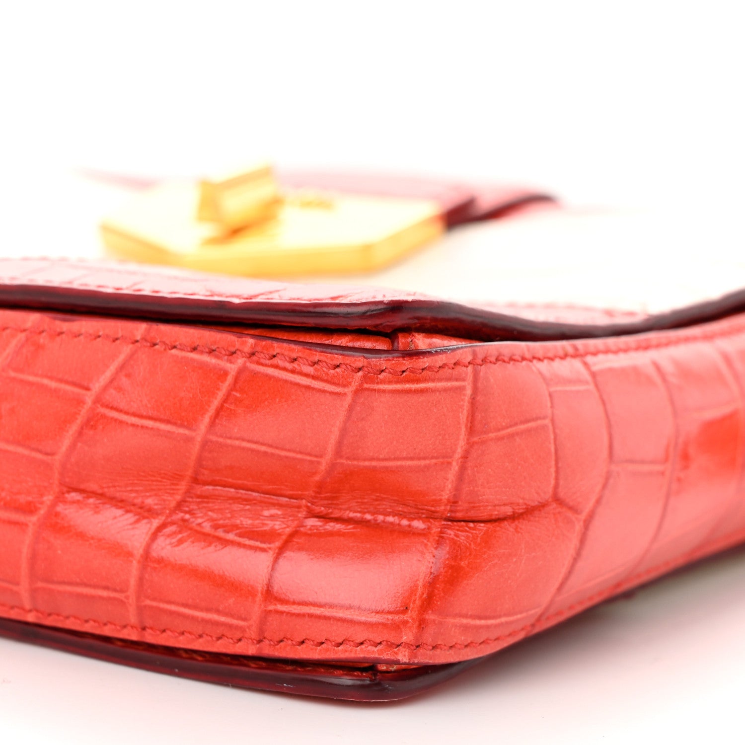 Prada Calfskin Crocodile Embossed Turn Lock Satchel Orange White 10 of 13