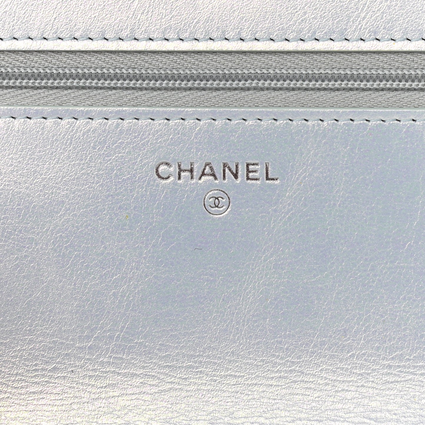 Iridescent Calfskin Quilted Wallet On Chain WOC Light Blue