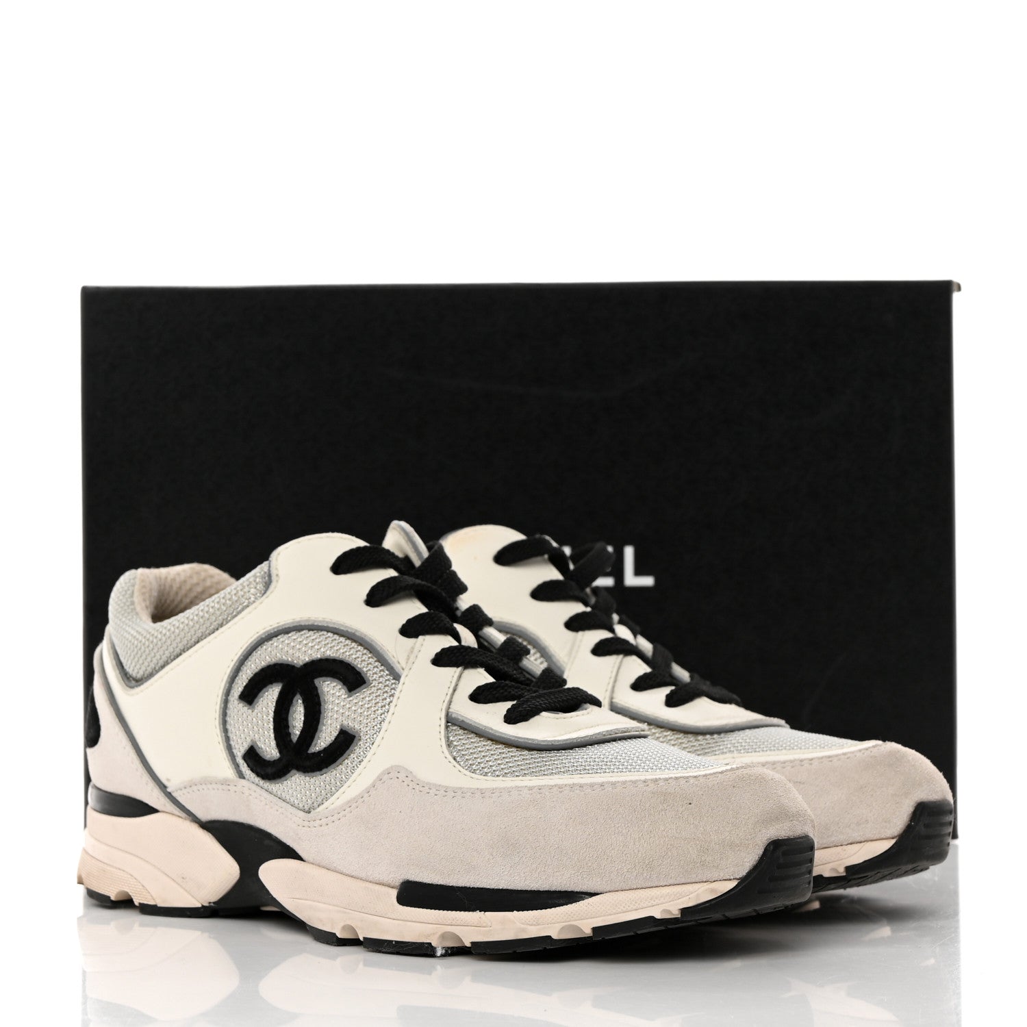 Chanel Calfskin Fabric Womens CC Sneakers 39.5 Black White Silver 9 of 9