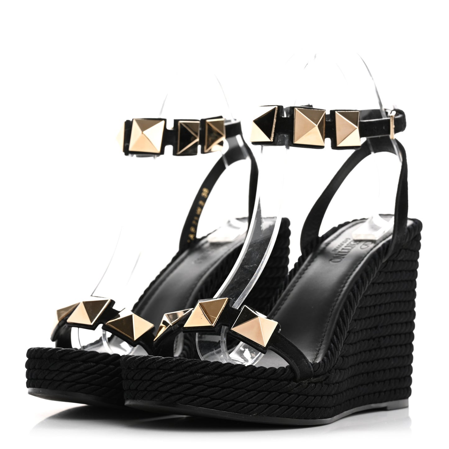 Suede Calfskin Roman Stud Espadrille Wedge Ankle Wrap Sandals 38 Black
