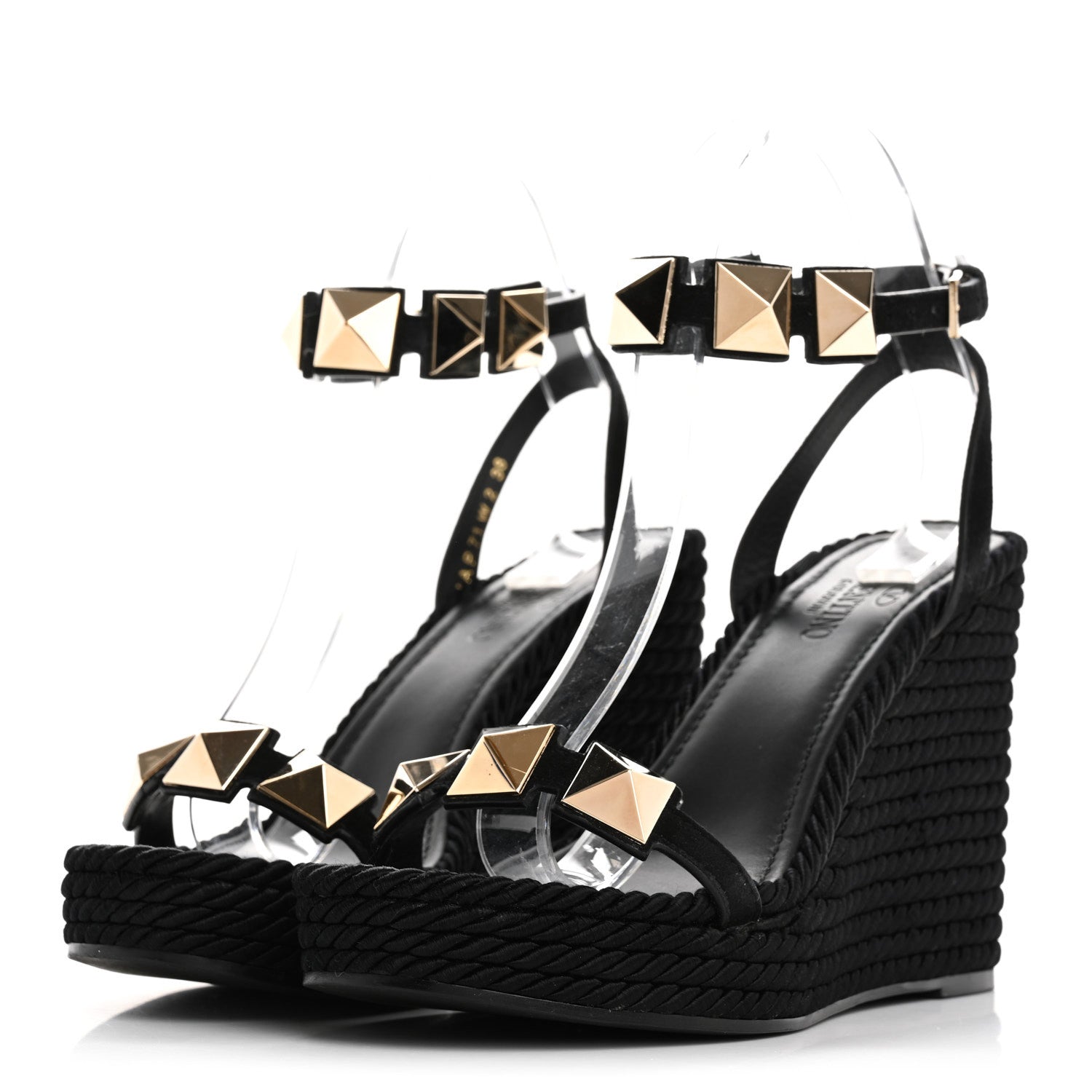 Valentino Garavani Suede Calfskin Roman Stud Espadrille Wedge Ankle Wrap Sandals 38 Black 4 of 12