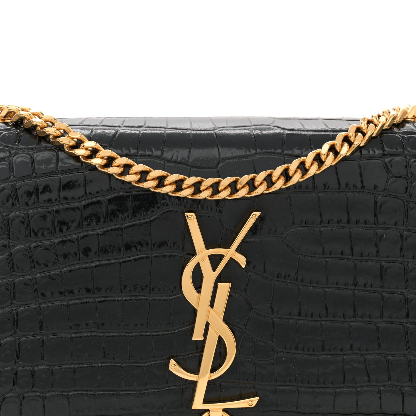 Calfskin Crocodile Embossed Small Classic Monogram Kate Tassel Satchel Black