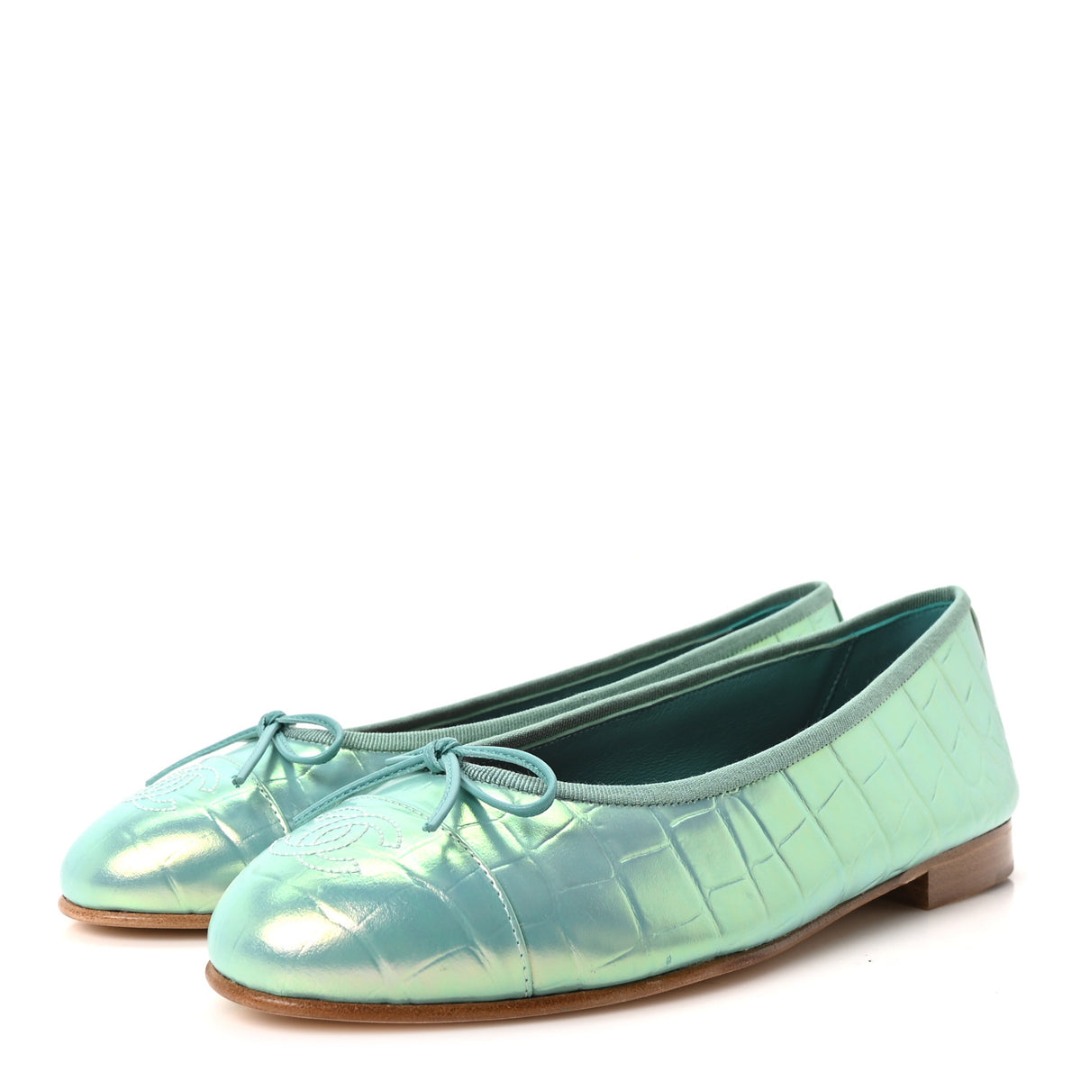 Chanel Iridescent Calfskin Crocodile Embossed Ballerina Flats 39 Green 4 of 10