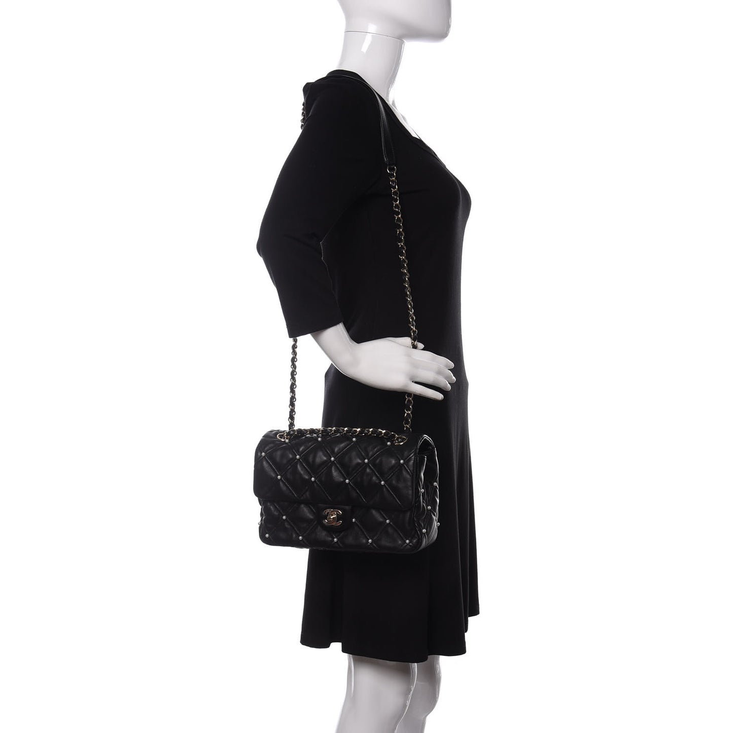 Lambskin Quilted Pearl Studded Flap Black