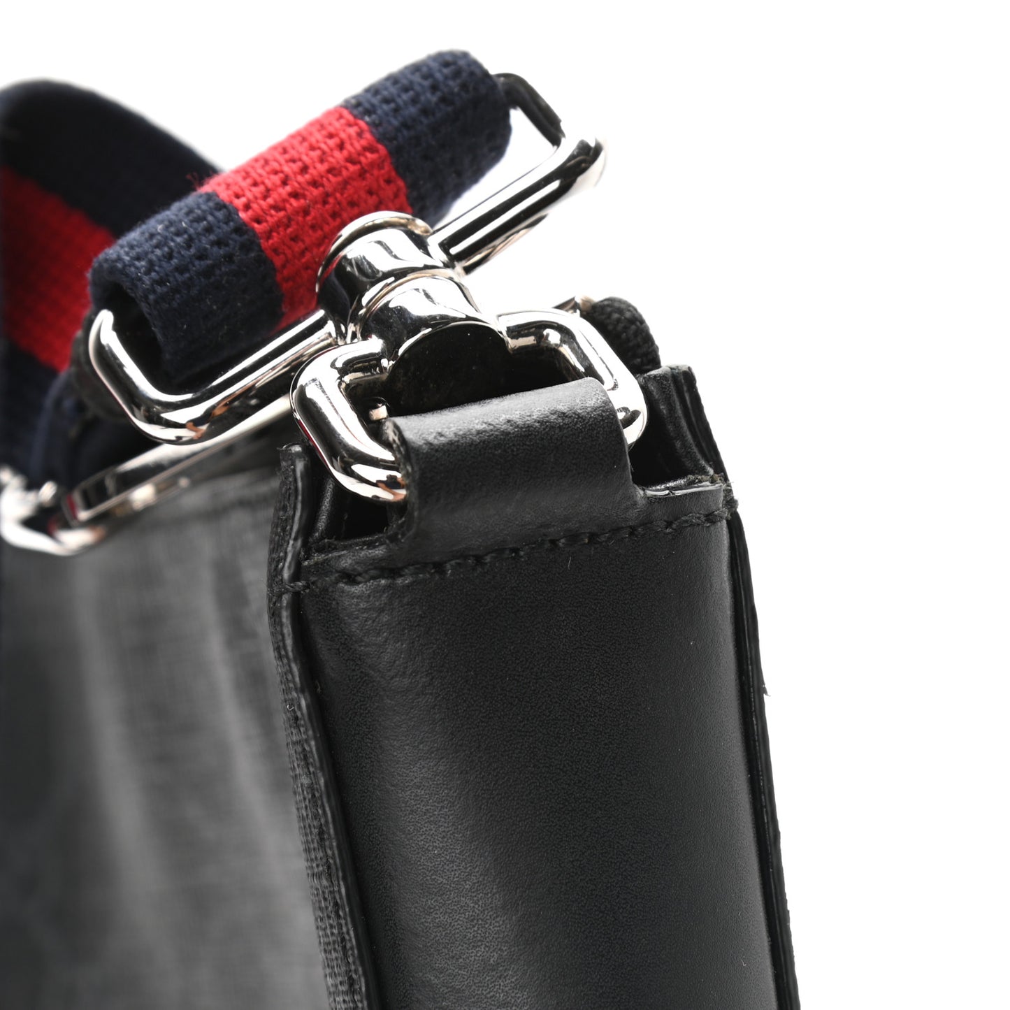 GG Supreme Monogram Appia Calfskin Web Flat Messenger Bag Black Grey